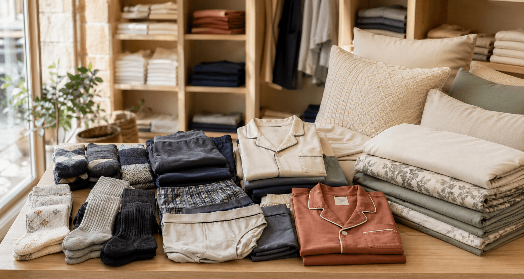 Folded pajamas, socks, underwear, pillows, and bedsheets in Rafik Al-khayyat Store