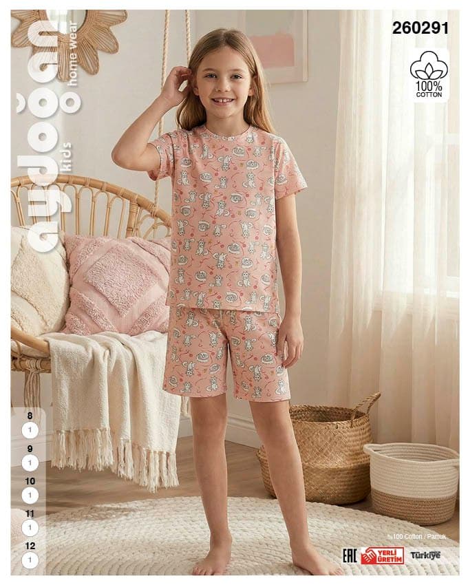 Girls' Pink Cat Print Shorts PJ Set