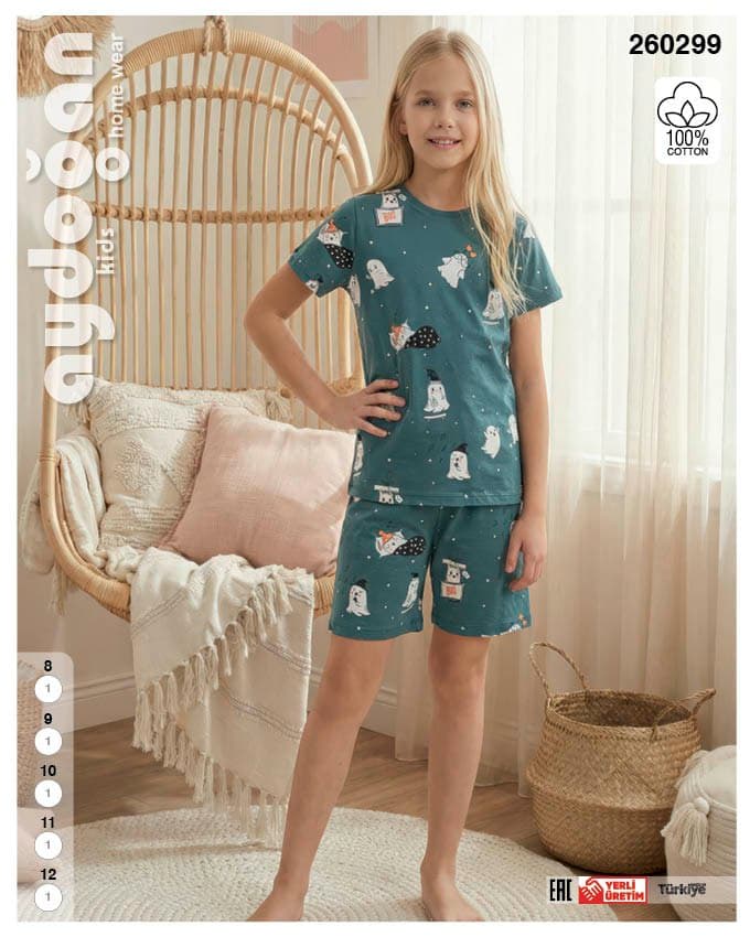 Girls' Teal Fun Print Shorts PJ Set