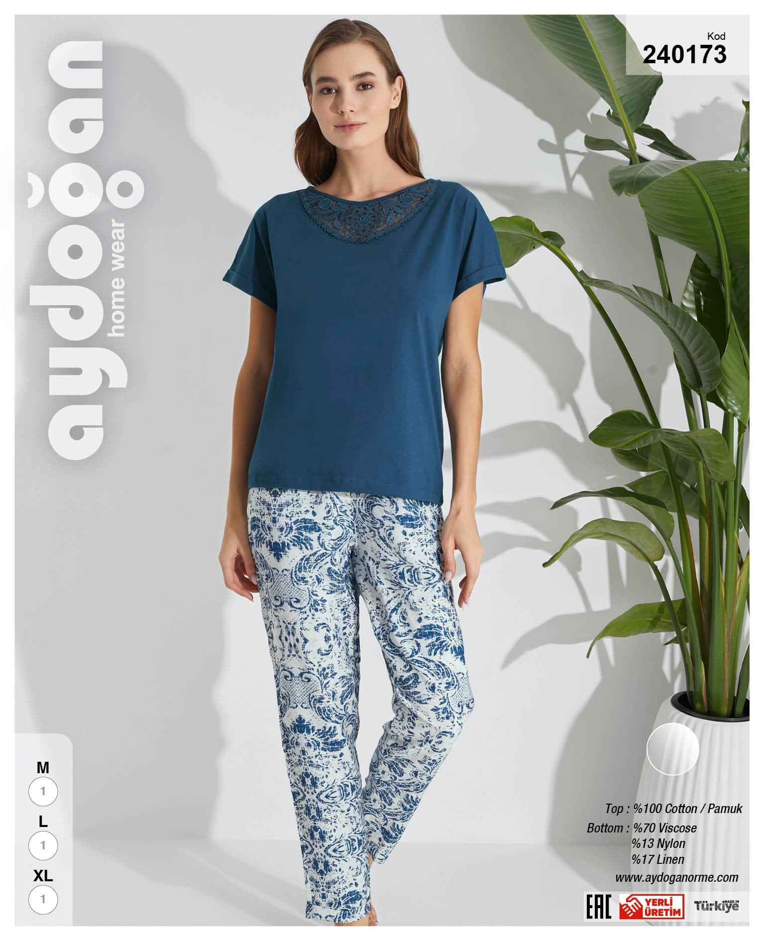 Blue Solid Pants PJ Set