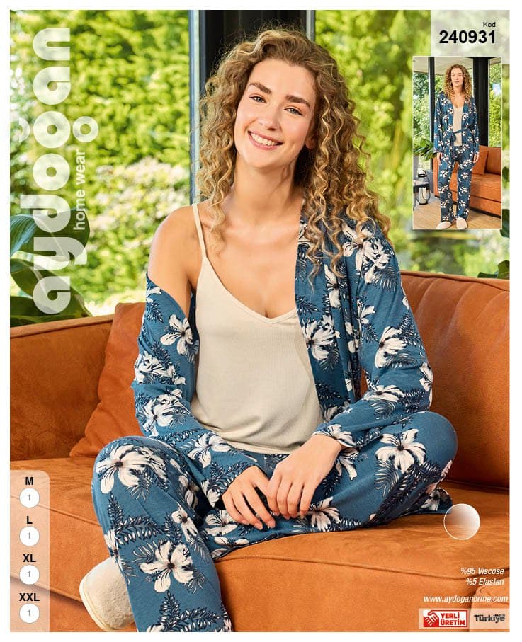 Blue Floral 3-Piece Robe Set
